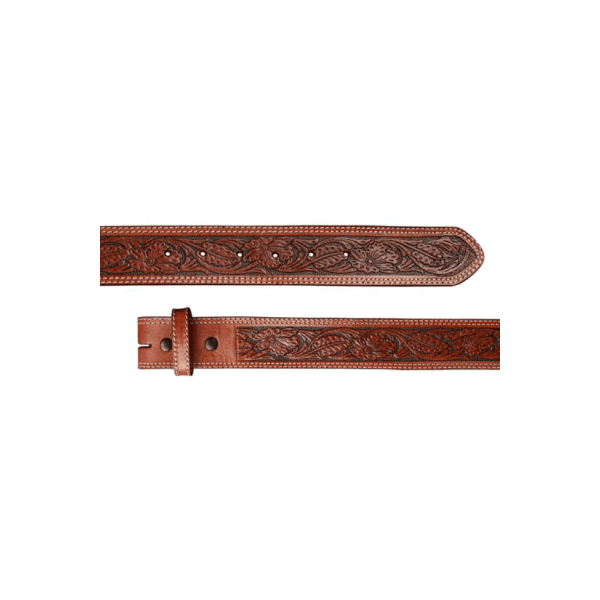 A brown full grain leather belt for women featuring tooled floral pattern 